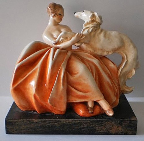 Art-Deco-Cacciapuoti-Lady-Figure-Borzoi-Dog - lady figurine in orange gown