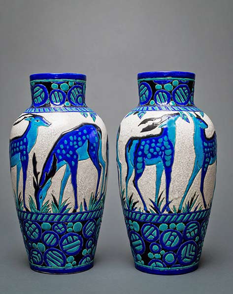 Charles Catteau gazelle vases in blue and turquoise on white