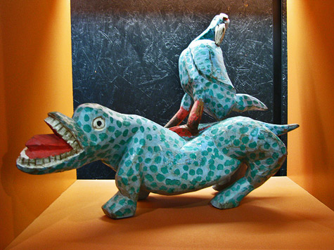 Cerâmica---Museu-Afro-Brasil green bird riding a green beast