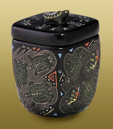 JENNIFER-MOQUINO black ceramic lidded box with sgraffito decorations of turtles
