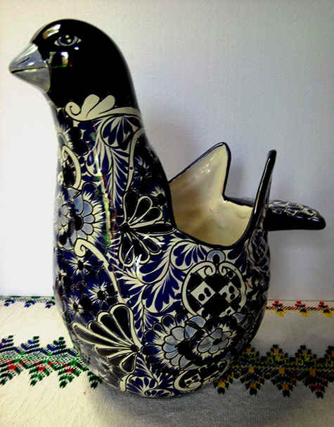 Mexican Folk Art Pottery-Talavera Majolica Blue Dove Bird Planter