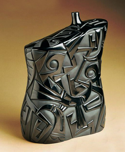 Pottery by Tammy Garcia abstract ceramic carved bottle