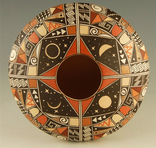 Rainy-Naha-Solstice-Bowl with sun and moon motifs nd geometric hand painted decoration
