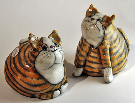 Valerie-Willy---Cats two ceramic cats with black and amber stripes