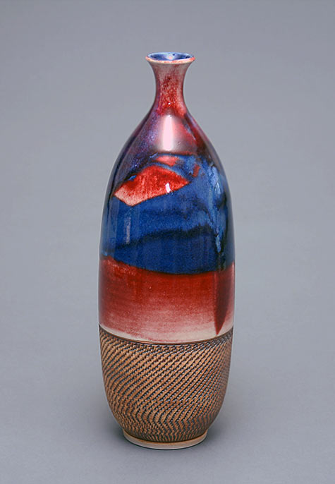 Hsinchuen Lin ceramic bottle in red and blue with brown base