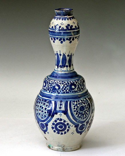 Antique-Moroccan-Persian-Faience-Majolica-Pottery-Blue-&-White-Bottle-Vase