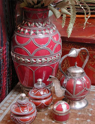 Safi Moroccan tea Set deep pink glaze with silver engraved metalwork