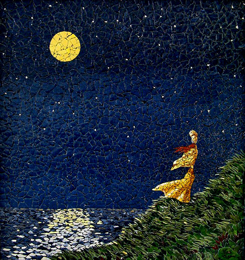 Nightwatch-Mosaic-Eggshell lady under a full moon at the ocean Linda Biggers