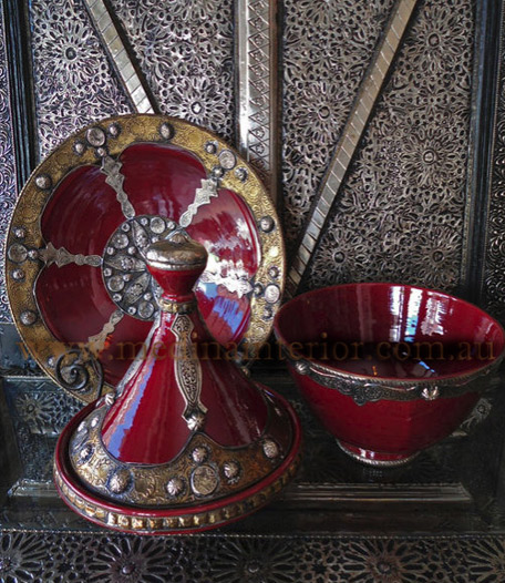 Matching set of tagine, plate and bowl in red glaze and metal detailing from Morocco - Medina Interior