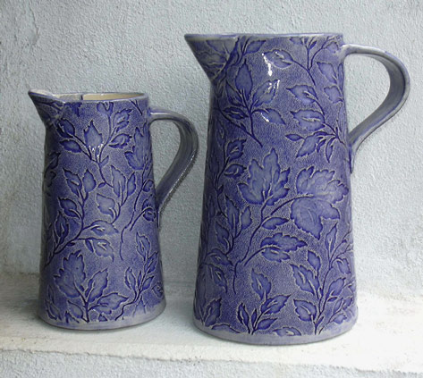 Two Purple/Blue floral wrapped jugs - Jane Bygrave