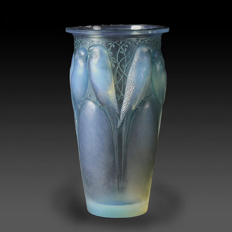 Rene Lalique budgerigar vase of opalescent glass with blue patina, c. 1924