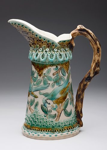 Claire Prenton-ceramic-pitcher with branch handle and botanical decoration