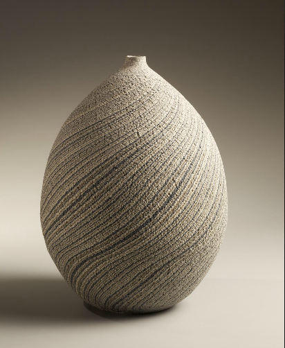 Matsui Kôse Vase - Ovoid vase striped with blue, gray and white marbleized colored clay