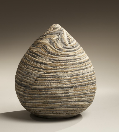 Matsui Kôsei Small neriage conical vase - marbleized gray, beige and white colored clays