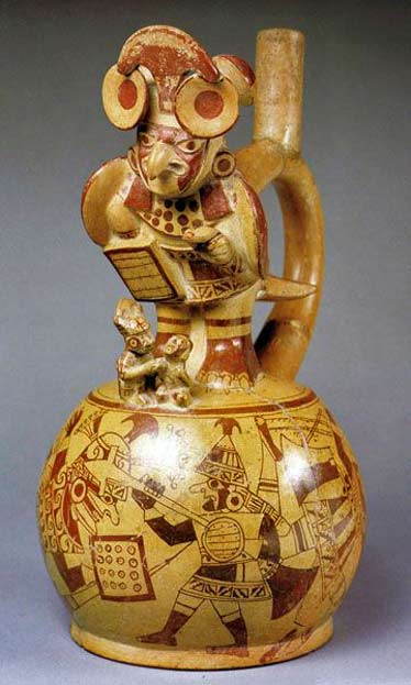 Moche-culture,-Peru stirrup vessel with warrior decorations