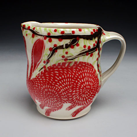 Sue Tirrell jug with large red hare motif