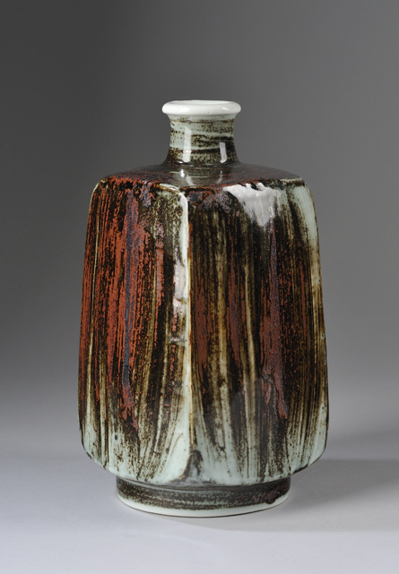 Stoneware bottle vase with white slip and decorated with cast oxides by Takenaka Ko