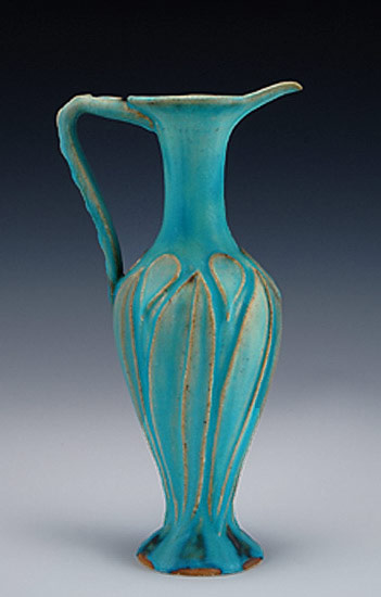 Daniel Slack - tall green pitcher - carved stoneware decorated with metallic oxide stains 