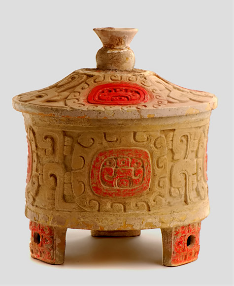 Mayan-tripod lidded vessel