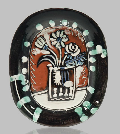 Ceramic plate by Picasso, with flowers in a vase