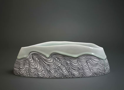 Southern Ice Porcelain sculptural bowl with inlayed black slip by Bronwyn Kemp
