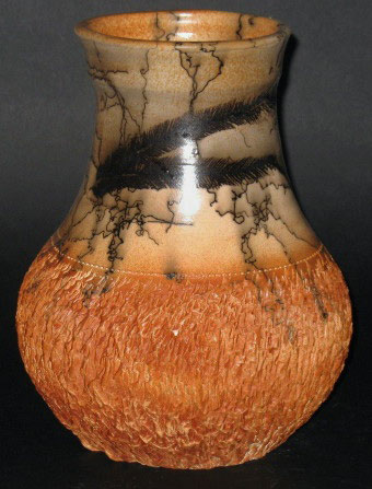 Cindy Fuqua pottery vessel with horse hair decorations