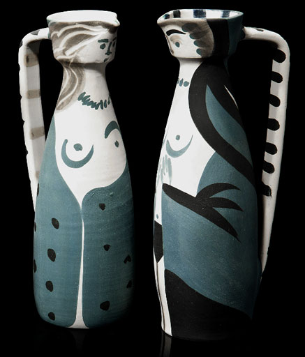 two ceramic pitchers in teal green, and black on white by Picasso