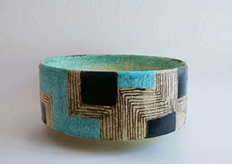 jeff mincham bowl in turquoise, black and beige geometric patterns