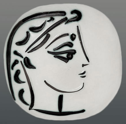 white plate with face motif of Jacqueline in black lines
