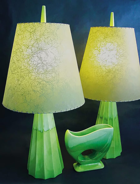 Haeger pair of lamps with green ribbed bases with matching vase