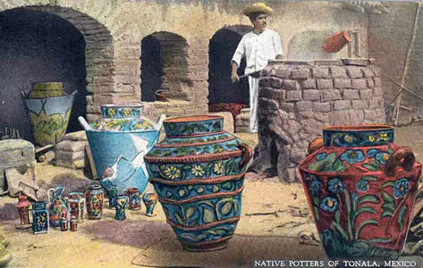 large poylchrome ceramic pots in a Mexican pottery works