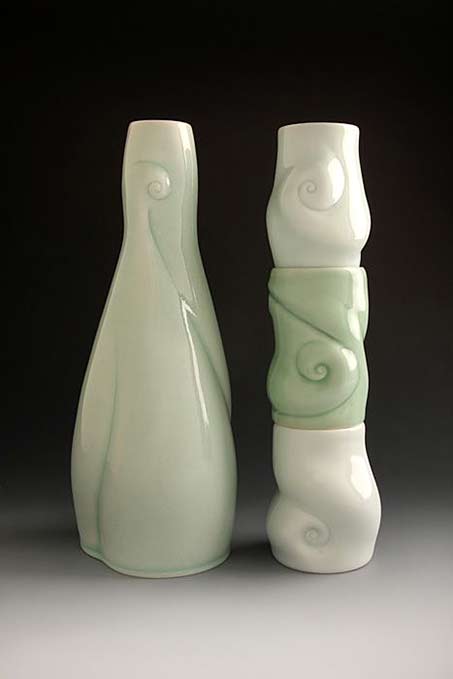 amy-kline-spirit-bottle-and-cups ceramic decanter and three cups