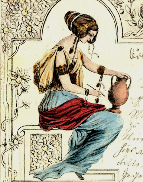art nouveau postcard of a lady painting a pot