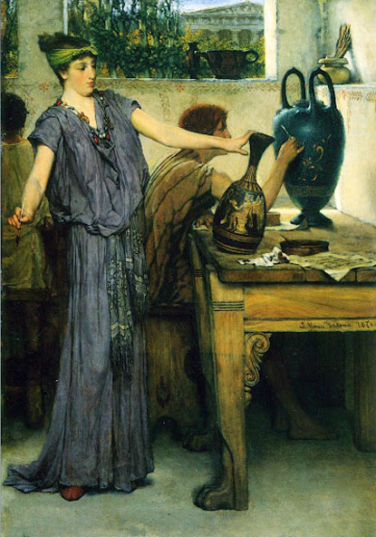 lady in long gown painting a pot