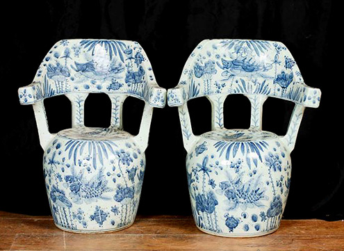 Nanking Ceramic Pottery Seats - blue botanical decoration on white