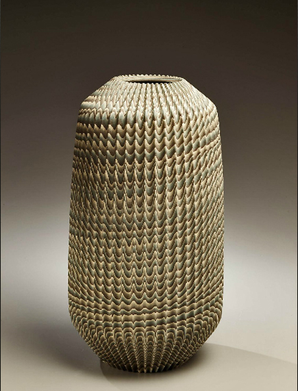 Ogata Kamio (b. 1949) Carved columnar neriage vase with blue, off-white and grey colored clay, 2007