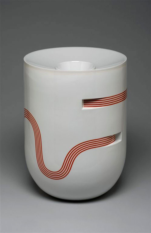 Pierre Charpin white contemporary vase with red stripe ribbon decoration