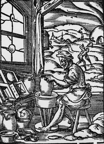 A woodcut of a potter on his pottery wheel