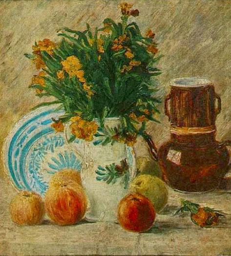 impressionistic-painting by Van Gough flowers in a pot fruit coffee pot