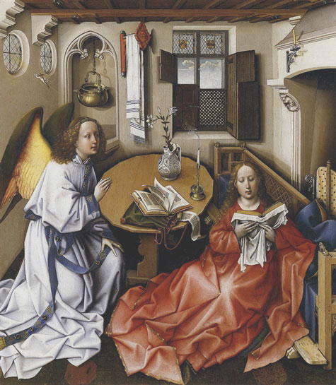 Lady reading watched by an angel