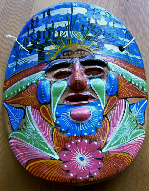 Vintage Mexican Painted Terra Cotta Sun Face Mask Wall Hanging