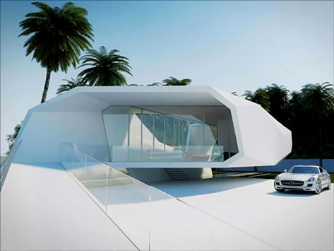 Futuristic white home, with faceted geometric outside surface