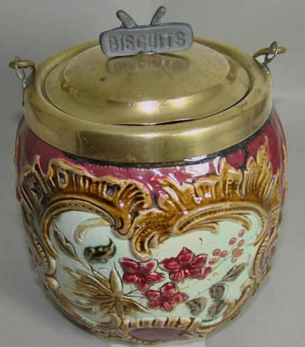Ceramic Antique English Majolica Biscuit jar with brass lid