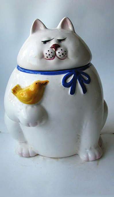 Ceramic cookie jar yellow bird sitting on white cat