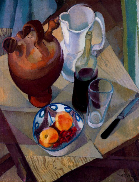 Diego-Rivera,-Still-Life,-1913 ceramic jug and vessel and peaches in a bowl