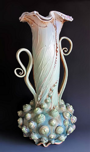 Encrusted-Urn in pastel pinks and blues with curvy handles by Carol Long