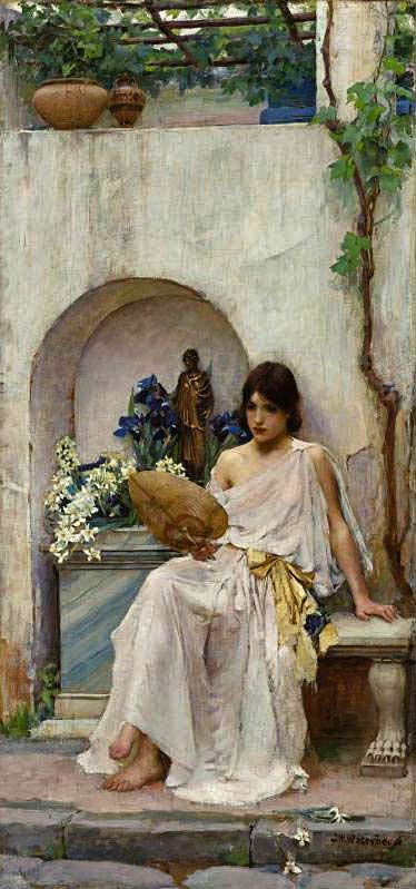 John-William-Waterhouse - a lady in white dress sitting outdoors