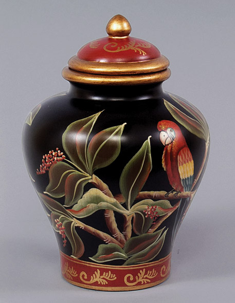 Perched parrot cookie jar - red, gold, black and green