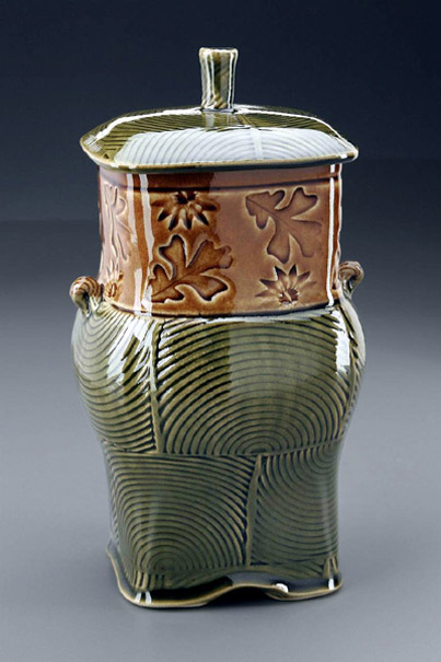 Natural Elements Pottery cookie jar green and brown glaze
