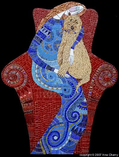 Irinia-Charny Mosaic art - lady seadted on an armchair holding her cat